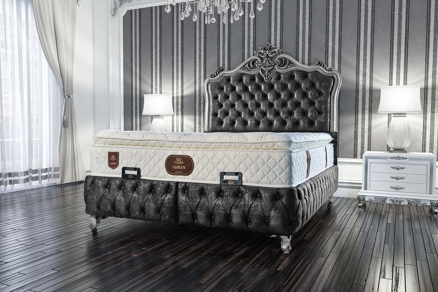 Luxury Gümüş V1 Yatak Seti Baza + Yatak + Başlık
