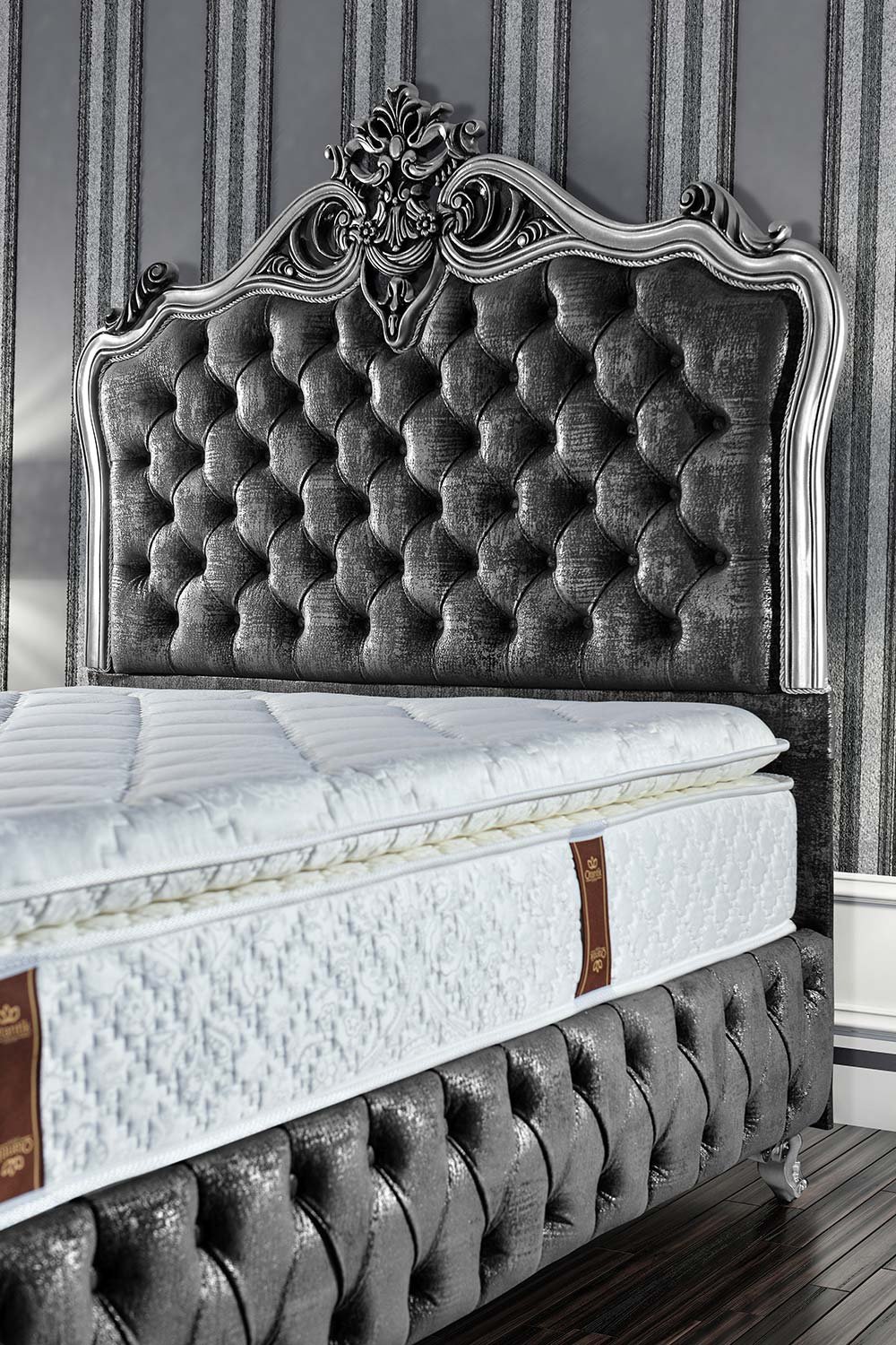 Luxury Gümüş V1 Yatak Seti Baza + Yatak + Başlık